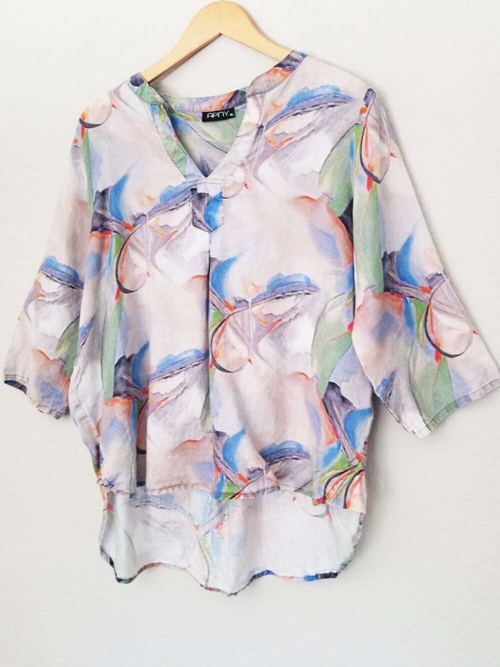 APNY Women XL 100% Linen Multicolor Abstract Watercolor High Low Blouse Top $98